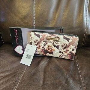 NWT Betsy Johnson long zip around wallet, rose print, cream and mauve